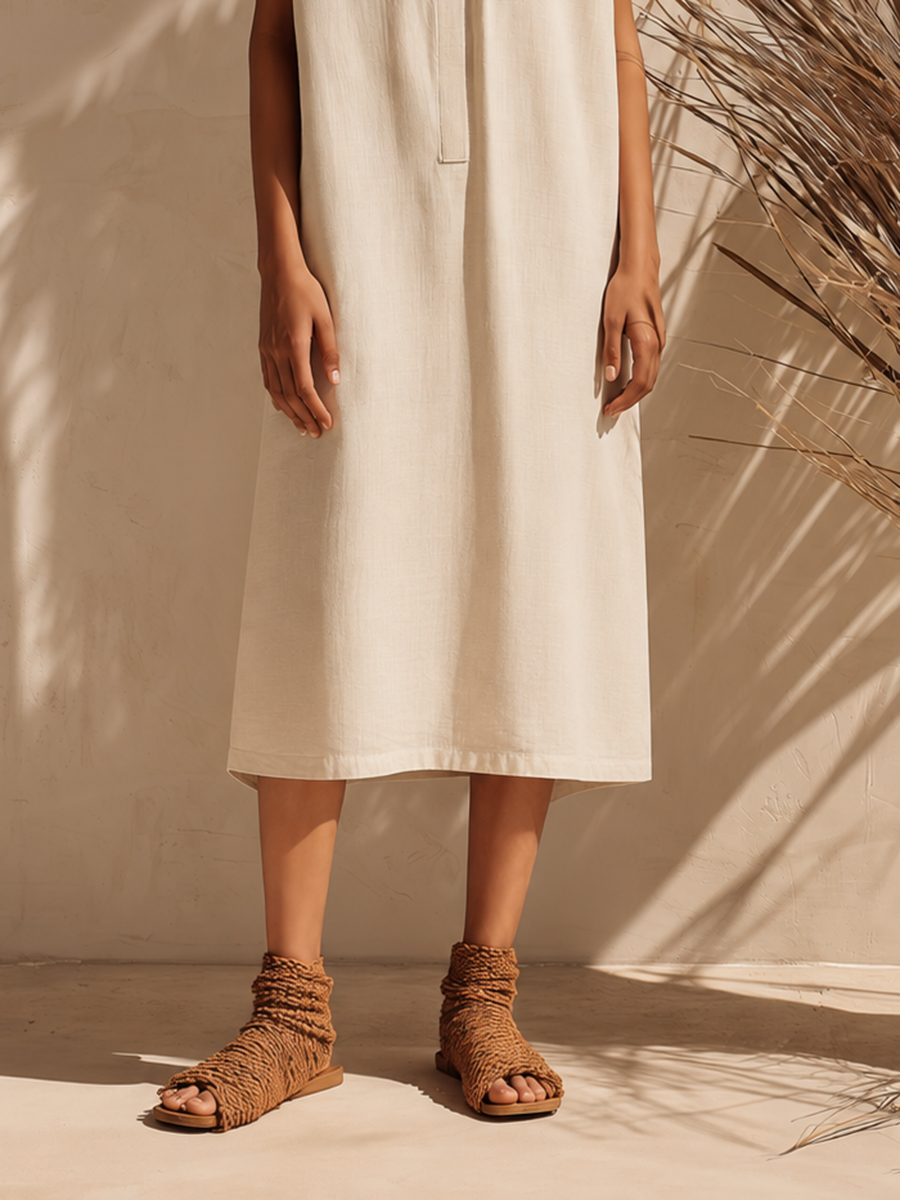 Women's Minimalist Off-White Cotton-Linen Midi Dress — Loose Fit, Mock Collar, Cap Sleeves MDZ2701E0ZJW