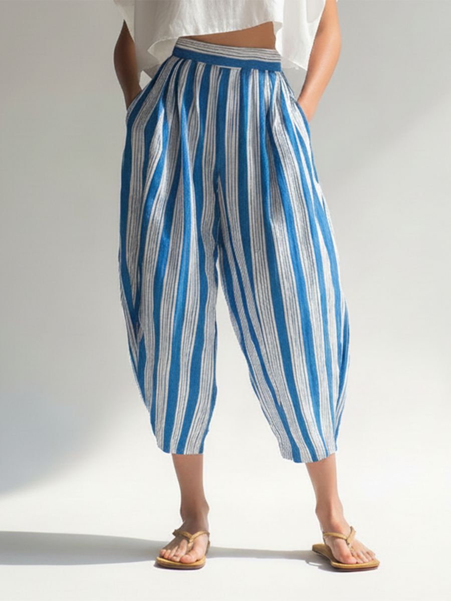 Women's Vacation-Style Loose-Fit Cropped Pants — Blue & White Striped Cotton-Linen Blend MDZ2715E5ZJW