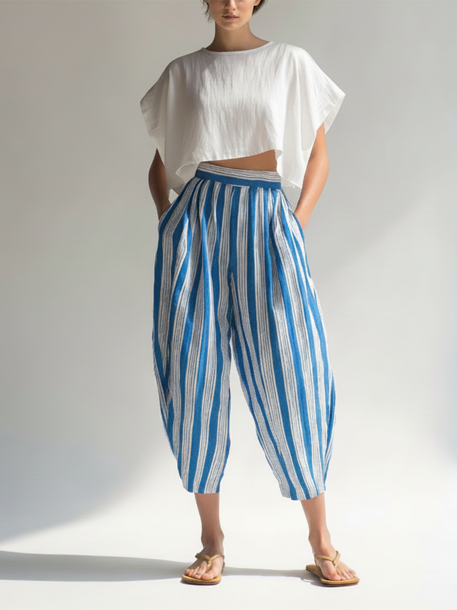 Women's Vacation-Style Loose-Fit Cropped Pants — Blue & White Striped Cotton-Linen Blend MDZ2715E5ZJW