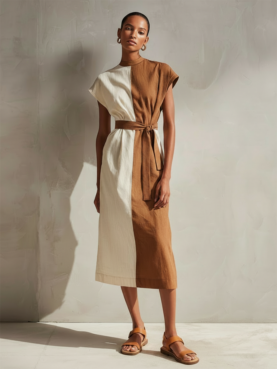 Women's Cotton-Linen Color-Block Midi Dress With Round Neck And Cap Sleeves MDZ2728E1ZJW