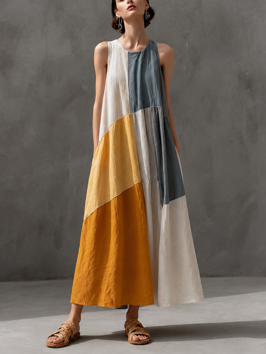 Women's Vacation-Style Multicolor Patchwork Cotton-Linen Maxi Dress — Round Neck, Sleeveless MDZ2762E4ZJW