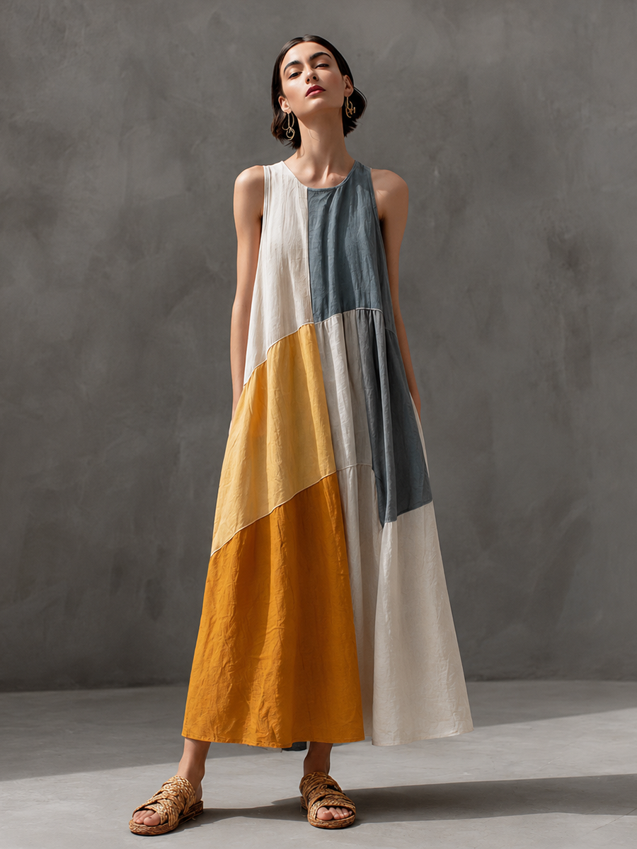 Women's Vacation-Style Multicolor Patchwork Cotton-Linen Maxi Dress — Round Neck, Sleeveless MDZ2762E4ZJW
