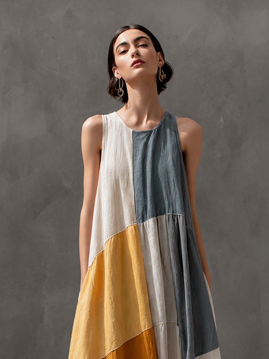 Women's Vacation-Style Multicolor Patchwork Cotton-Linen Maxi Dress — Round Neck, Sleeveless MDZ2762E4ZJW