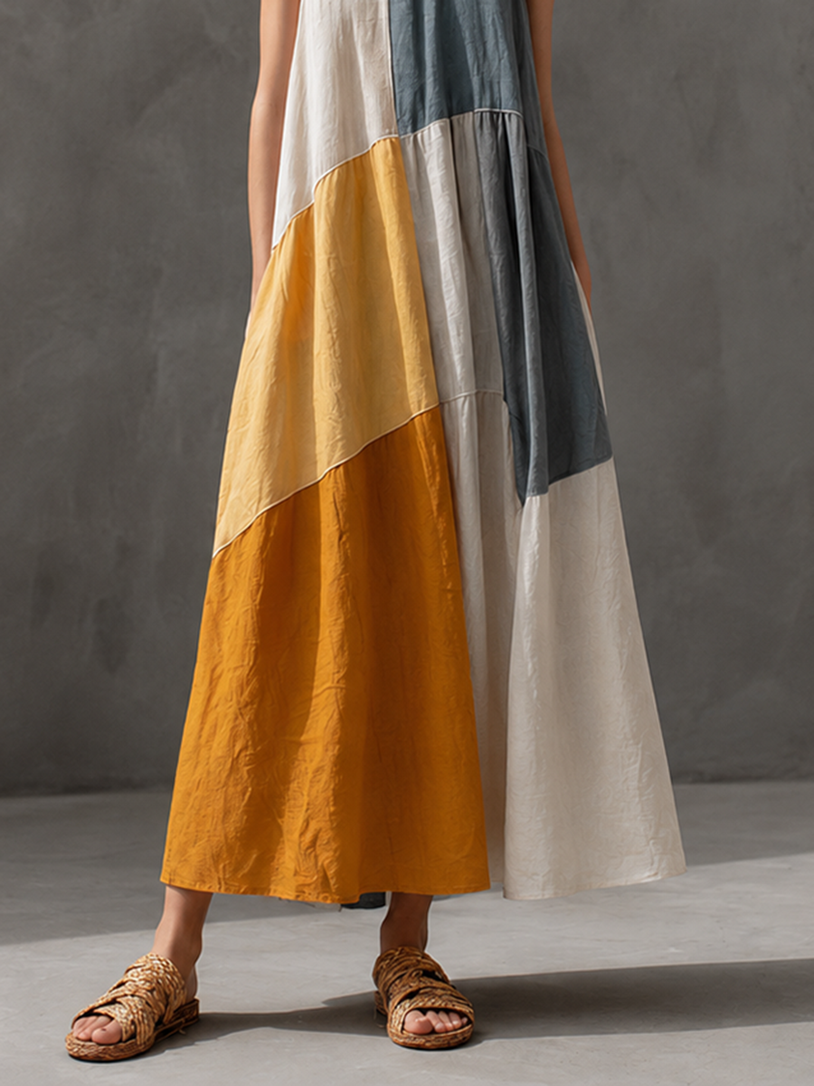 Women's Vacation-Style Multicolor Patchwork Cotton-Linen Maxi Dress — Round Neck, Sleeveless MDZ2762E4ZJW