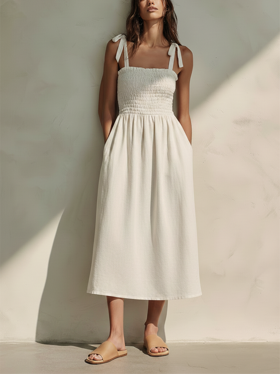 Women's Cotton-Linen Halter-Neck Midi Dress (Off-White) MDZ2730E3ZJW