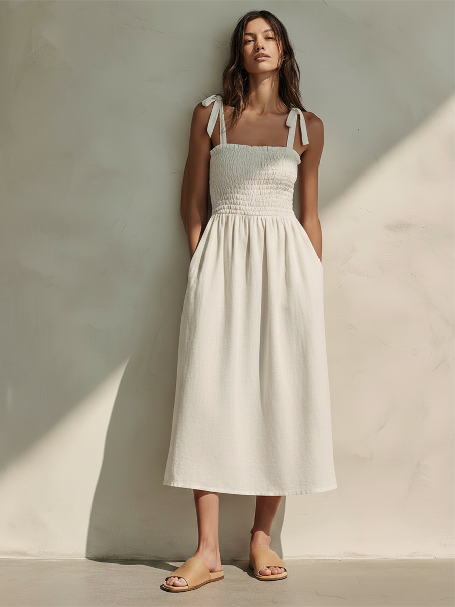 Women's Cotton-Linen Halter-Neck Midi Dress (Off-White) MDZ2730E3ZJW