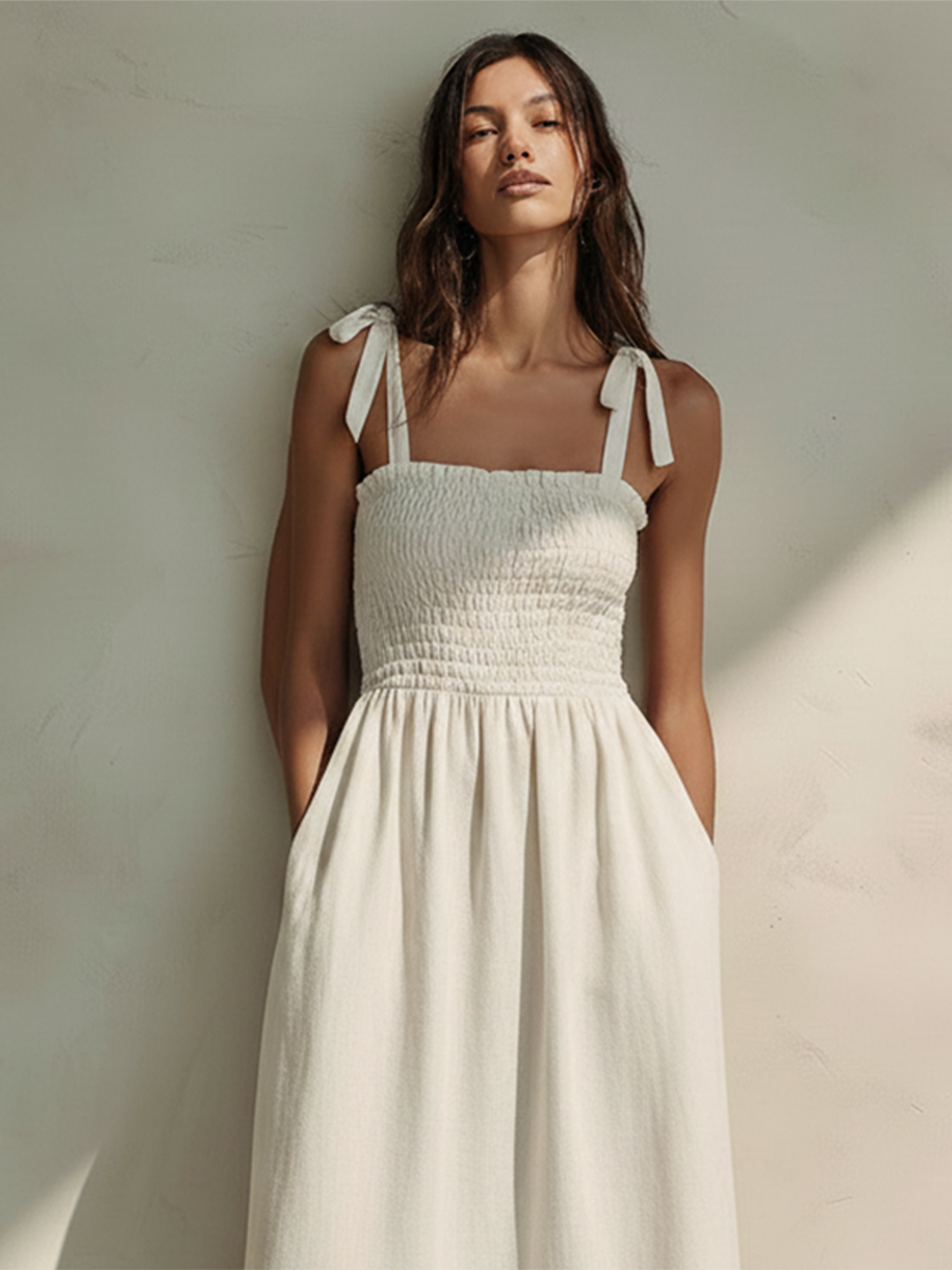 Women's Cotton-Linen Halter-Neck Midi Dress (Off-White) MDZ2730E3ZJW