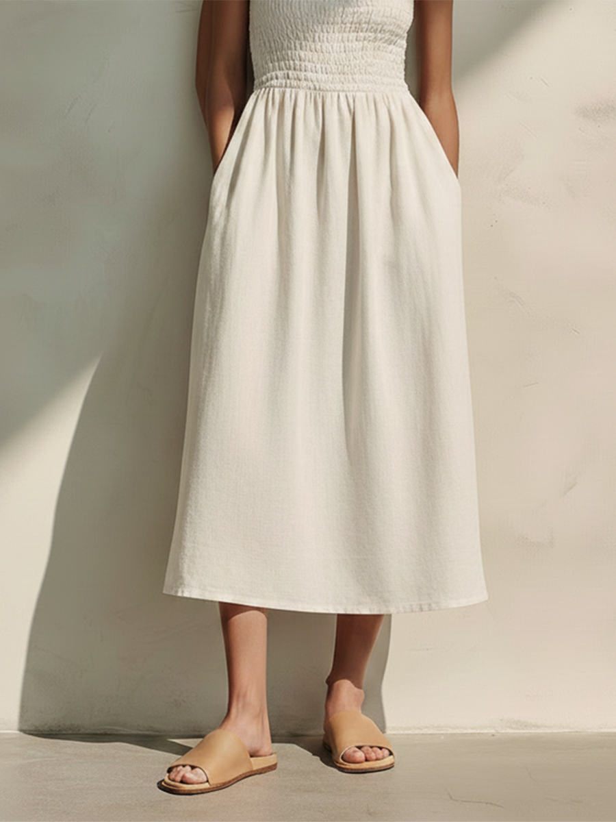 Women's Cotton-Linen Halter-Neck Midi Dress (Off-White) MDZ2730E3ZJW