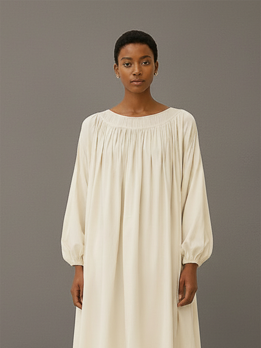Women's Minimalist & Elegant Round-Neck Cotton-Linen Long-Sleeve Midi Dress MDZ2749E6ZJW