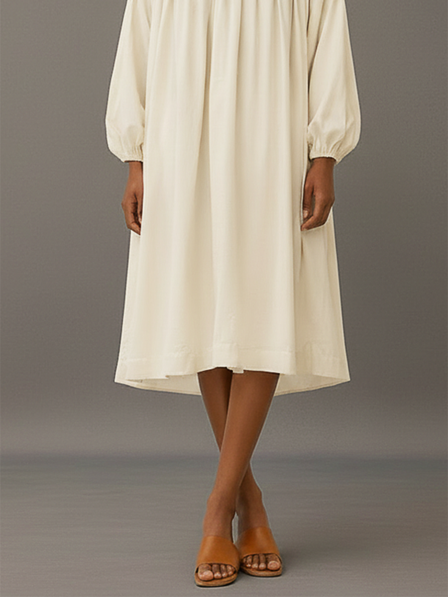 Women's Minimalist & Elegant Round-Neck Cotton-Linen Long-Sleeve Midi Dress MDZ2749E6ZJW
