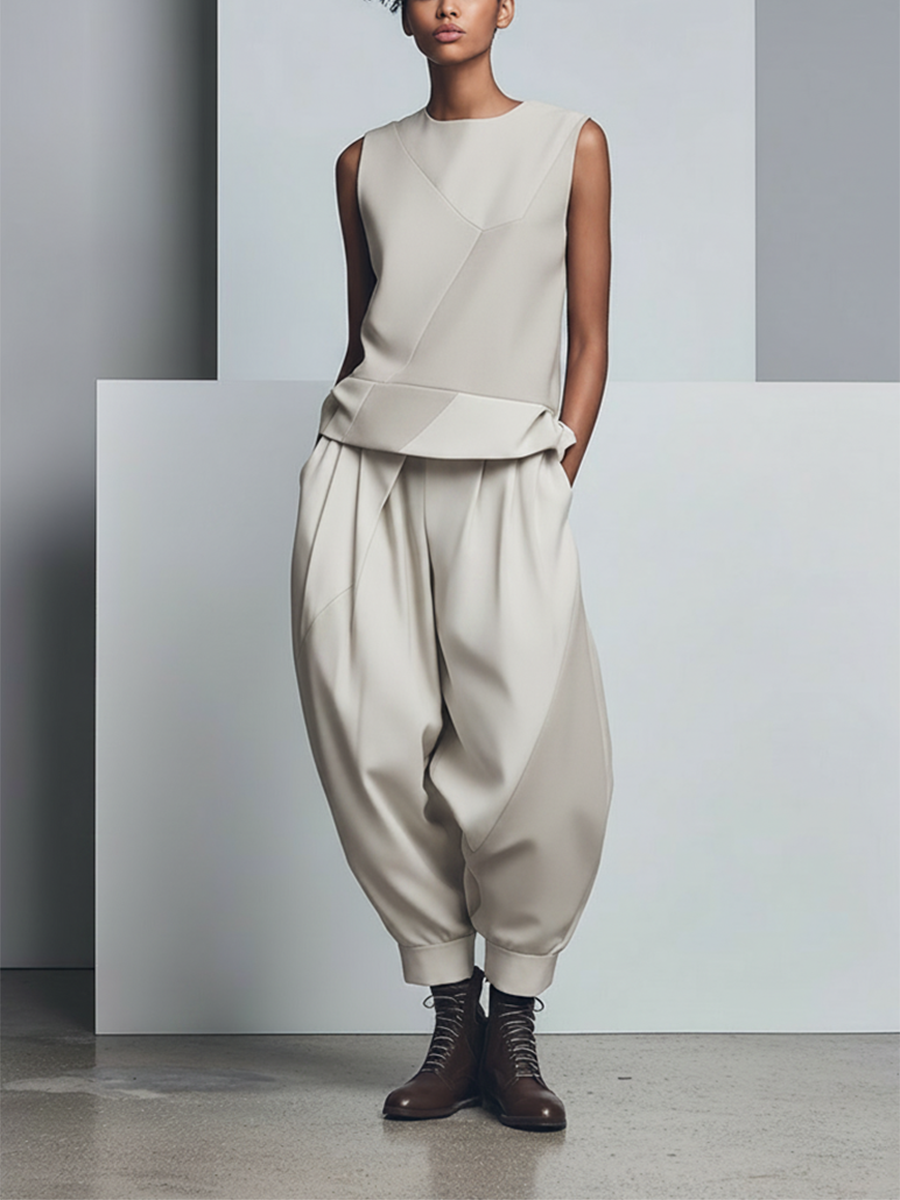 Women's Minimalist Color-Block Polyester-Blend Set: Crew Neck Sleeveless Top & Harem Pants MDZ2779E2ZJW