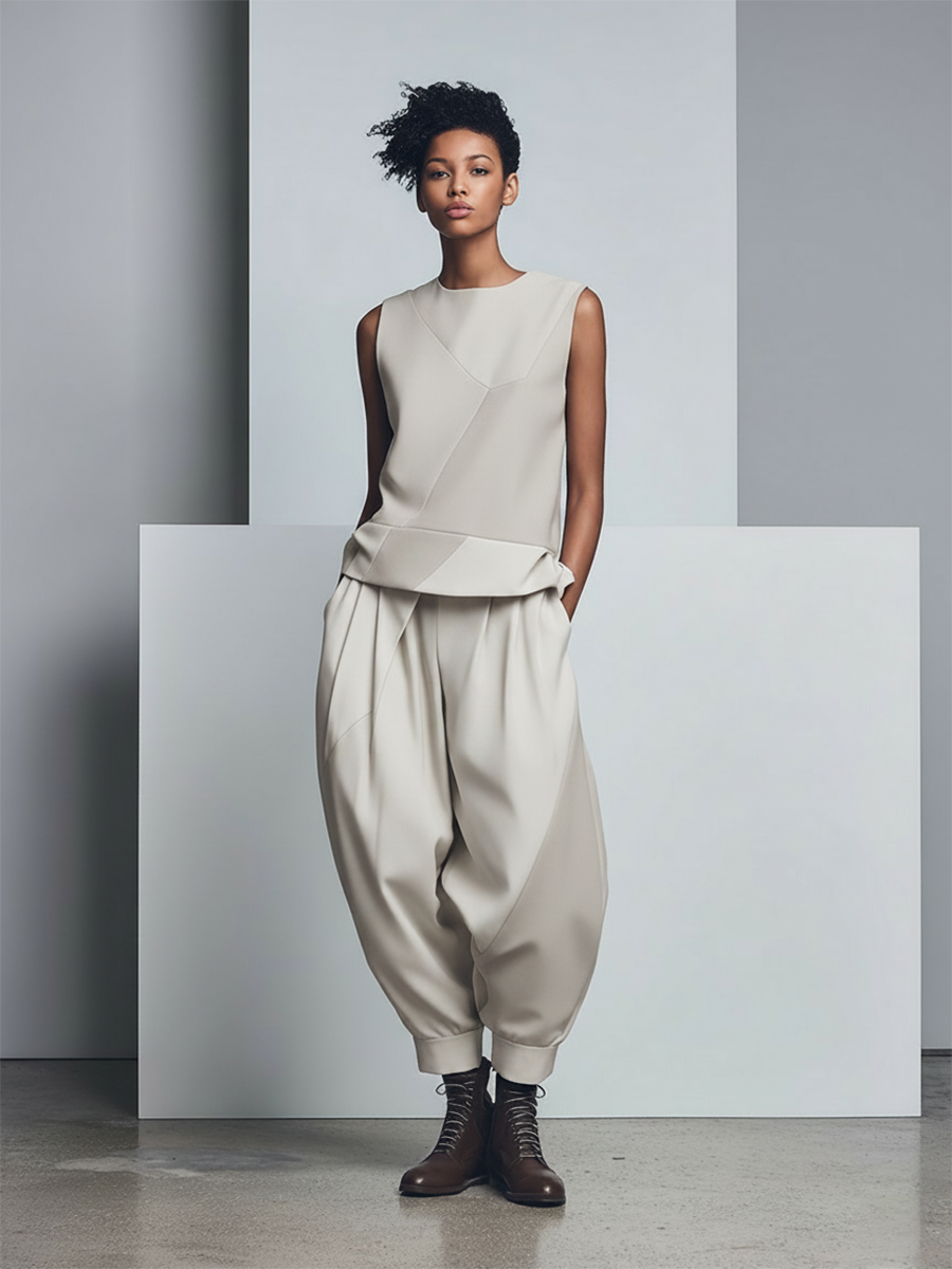Women's Minimalist Color-Block Polyester-Blend Set: Crew Neck Sleeveless Top & Harem Pants MDZ2779E2ZJW
