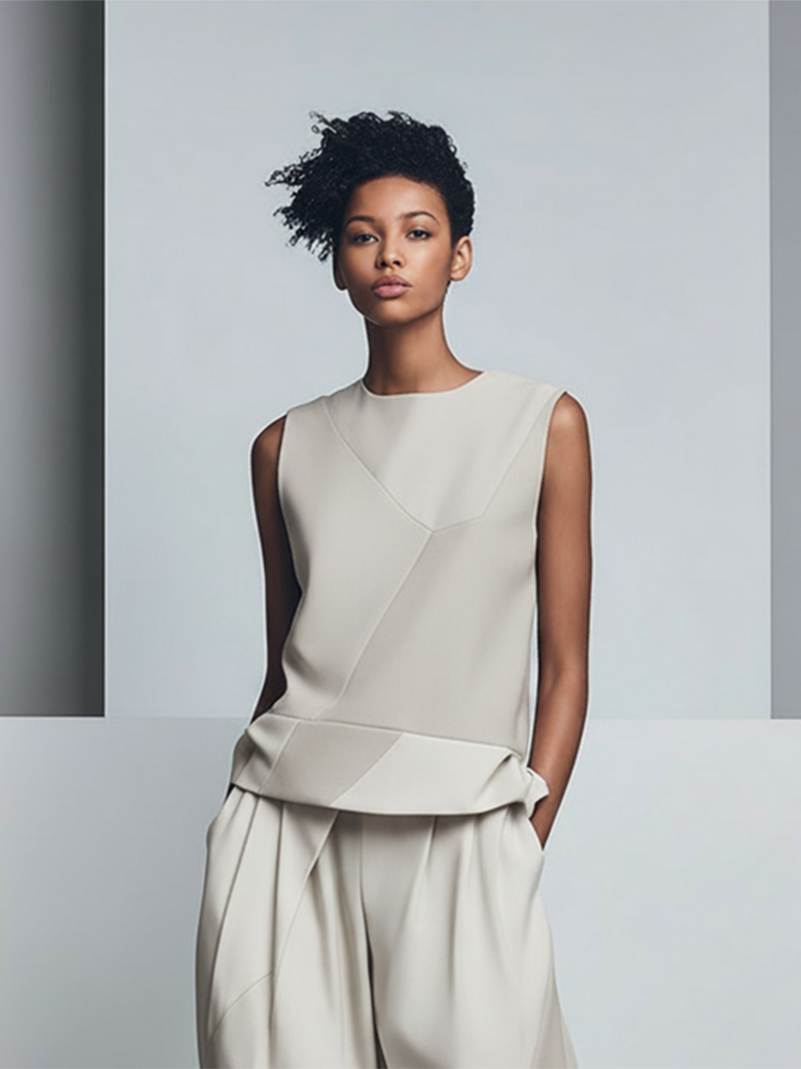 Women's Minimalist Color-Block Polyester-Blend Set: Crew Neck Sleeveless Top & Harem Pants MDZ2779E2ZJW