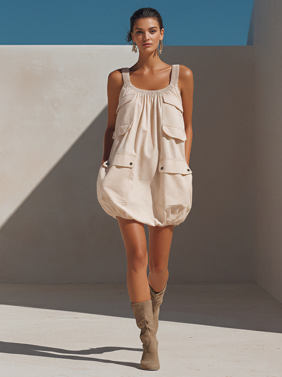 Women’s Beige Sleeveless Cargo Mini Dress With Smocked Straps & Multi-Pocket Design MDZ2792E3T