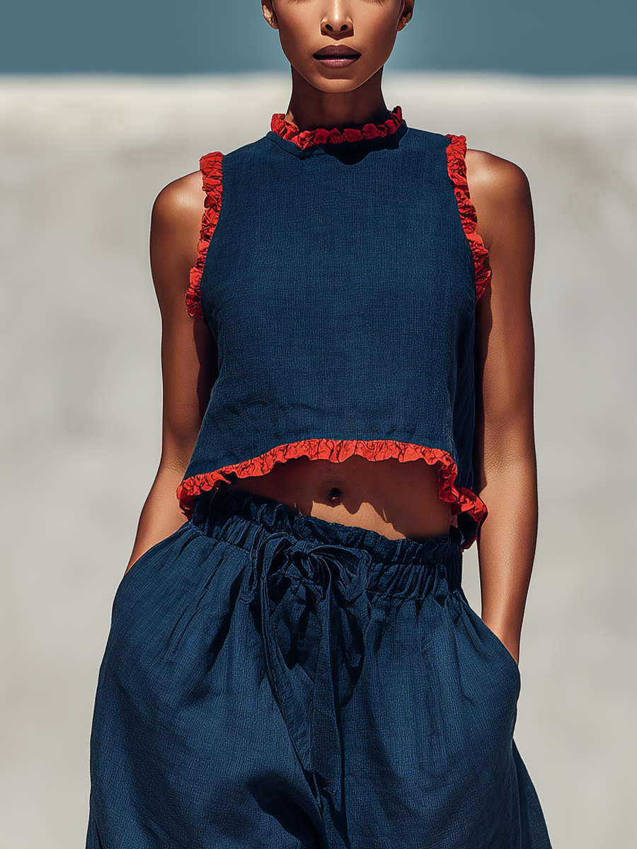 Women’s Navy Linen-Blend Sleeveless Crop Top & Balloon Pants Two-Piece Set With Red Ruffle Trim MDZ2758E4T