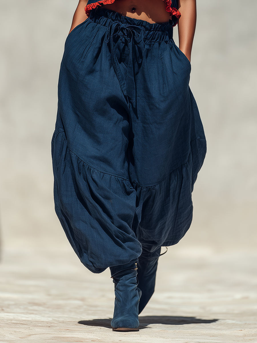 Women’s Navy Linen-Blend Sleeveless Crop Top & Balloon Pants Two-Piece Set With Red Ruffle Trim MDZ2758E4T
