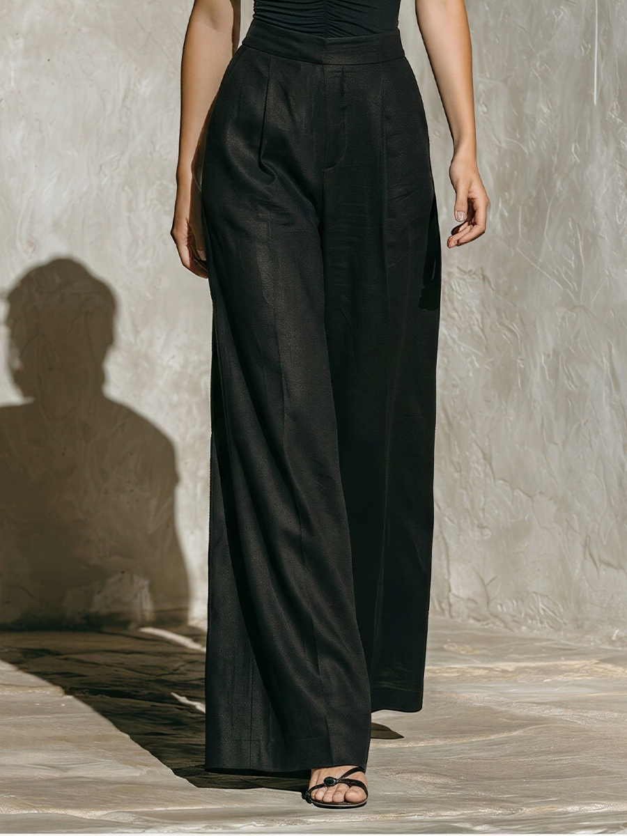 Women’s Black Ruched Top & High-Waisted Wide-Leg Pants Two-Piece Set MDZ2722E7T