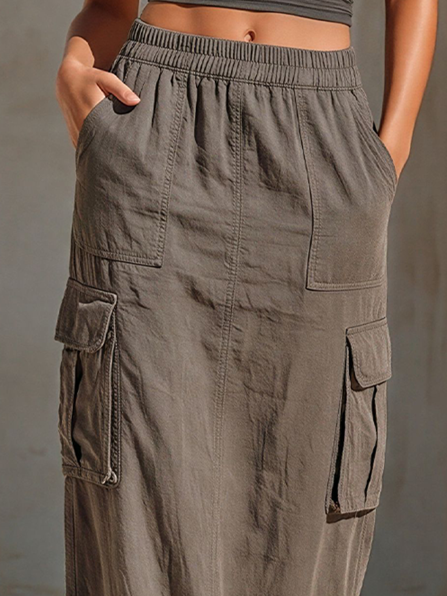 Women’s Grey Elastic-Waist Cargo Maxi Skirt With Multi-Pocket Design MDZ2722E6T