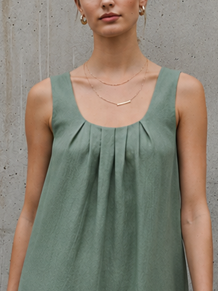 Women's Minimalist Moss Green Linen-Cotton Square Neck Pleated Sleeveless Straight Midi Dress MDZ2712E7GMJ