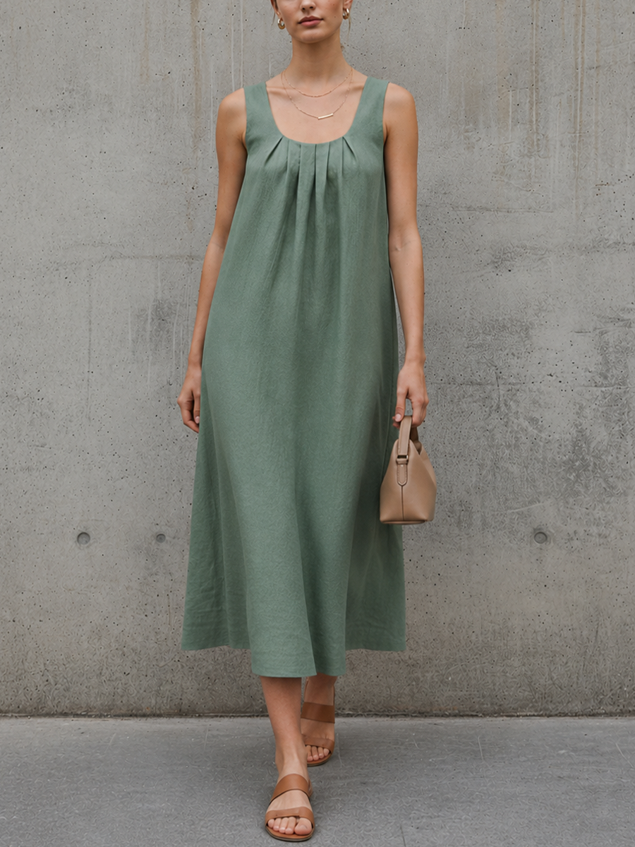 Women's Minimalist Moss Green Linen-Cotton Square Neck Pleated Sleeveless Straight Midi Dress MDZ2712E7GMJ