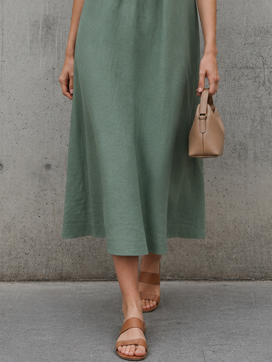 Women's Minimalist Moss Green Linen-Cotton Square Neck Pleated Sleeveless Straight Midi Dress MDZ2712E7GMJ