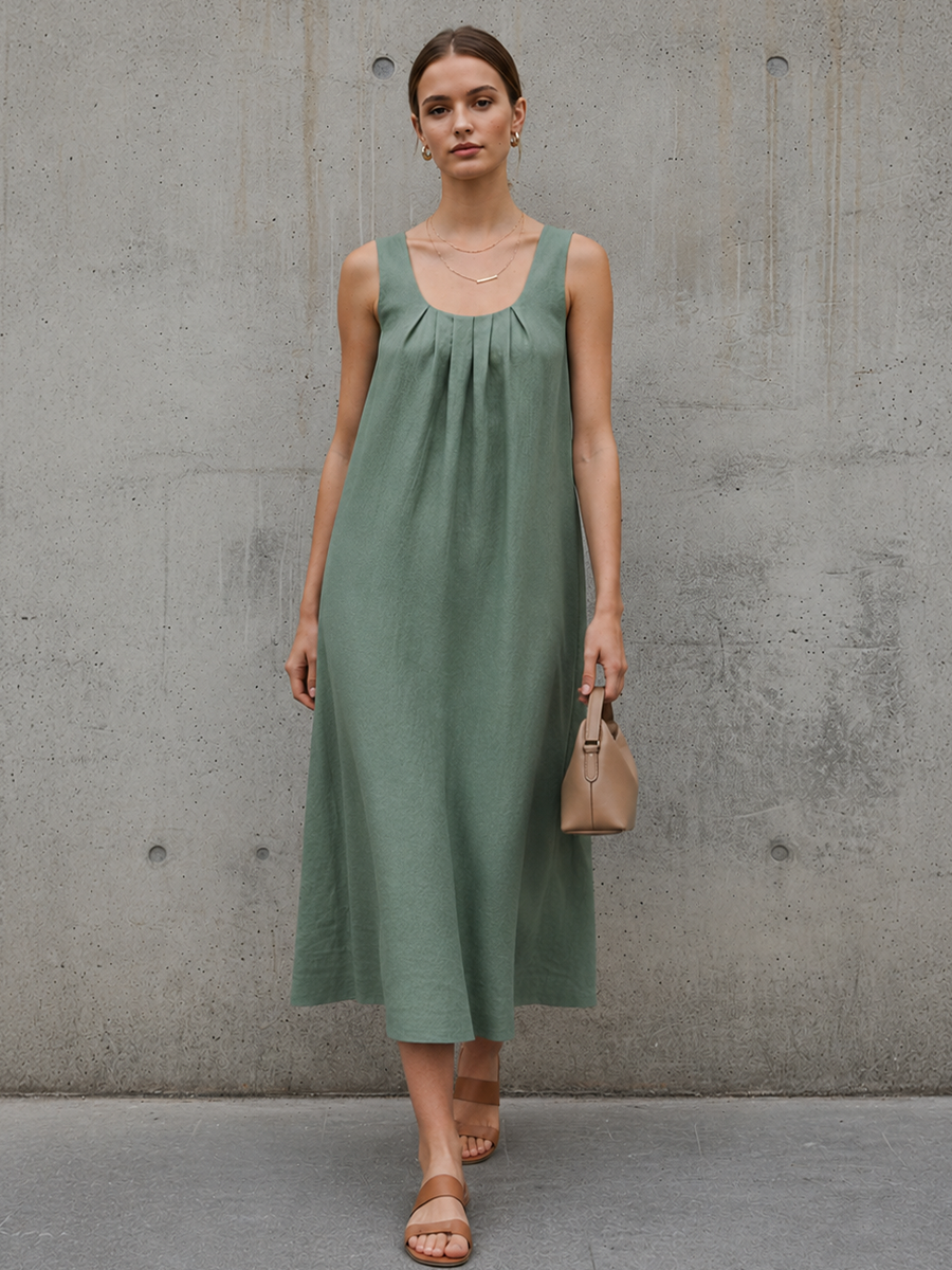 Women's Minimalist Moss Green Linen-Cotton Square Neck Pleated Sleeveless Straight Midi Dress MDZ2712E7GMJ