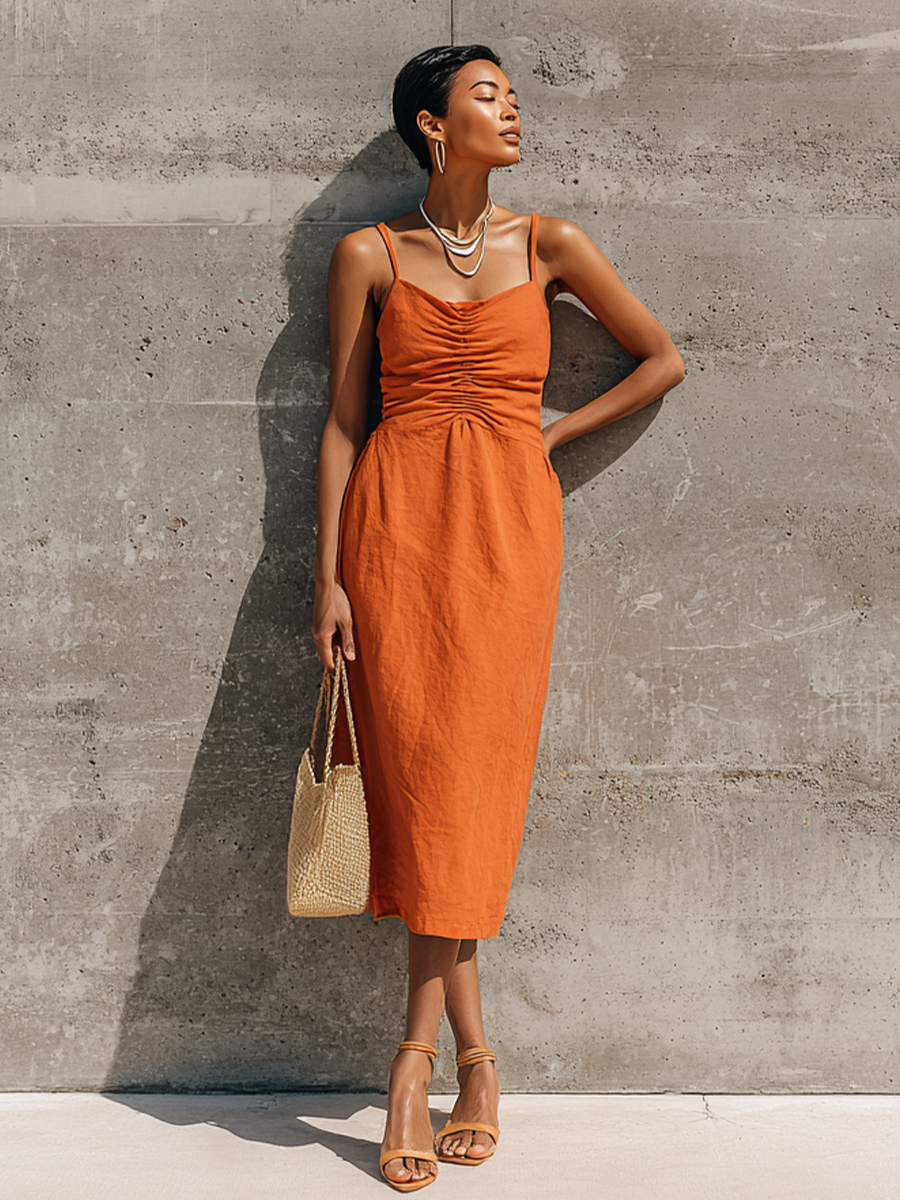 Women's Vacation Orange Linen-Cotton Spaghetti Strap Ruched Sleeveless Midi Dress MDZ2789E9GMJ
