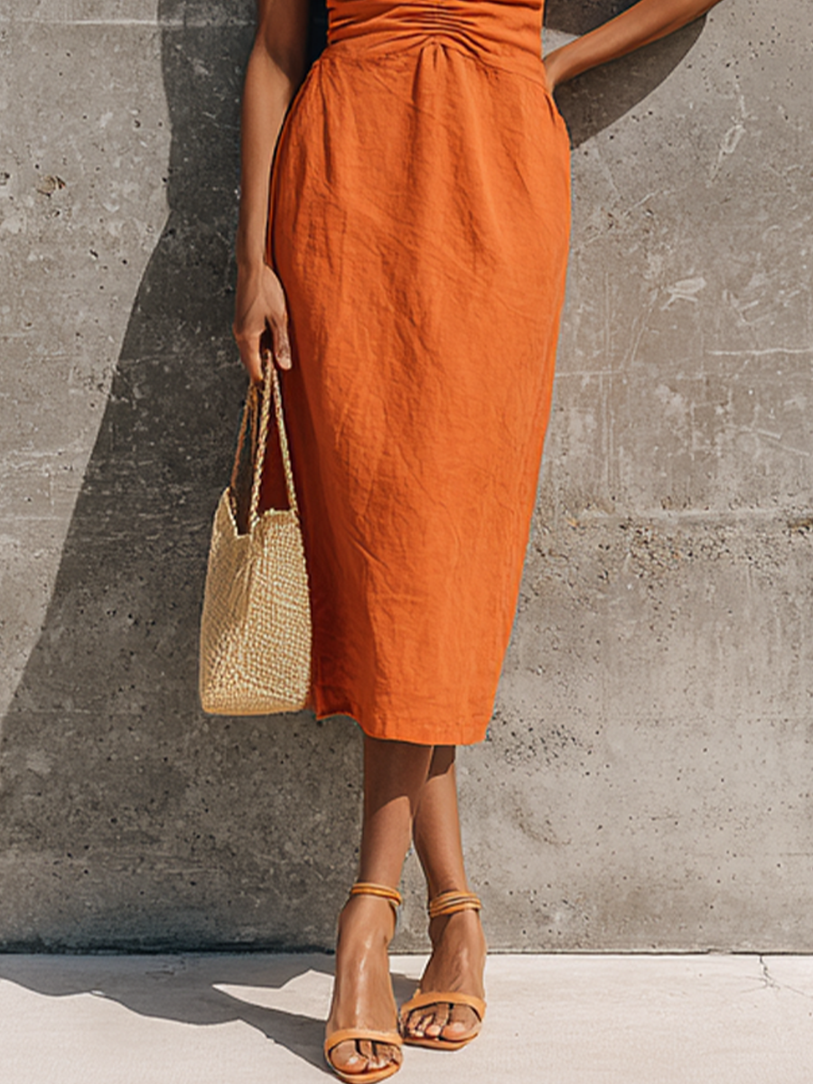 Women's Vacation Orange Linen-Cotton Spaghetti Strap Ruched Sleeveless Midi Dress MDZ2789E9GMJ