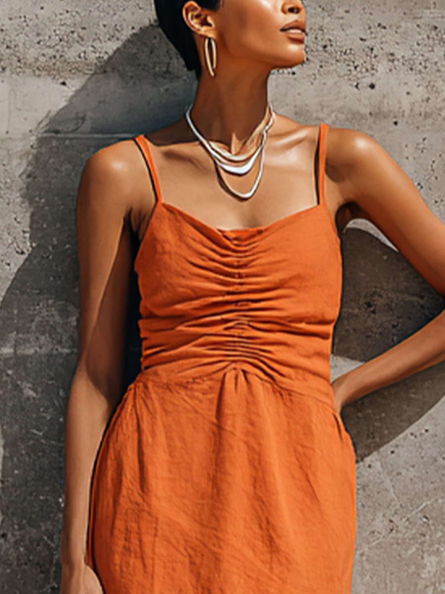 Women's Vacation Orange Linen-Cotton Spaghetti Strap Ruched Sleeveless Midi Dress MDZ2789E9GMJ
