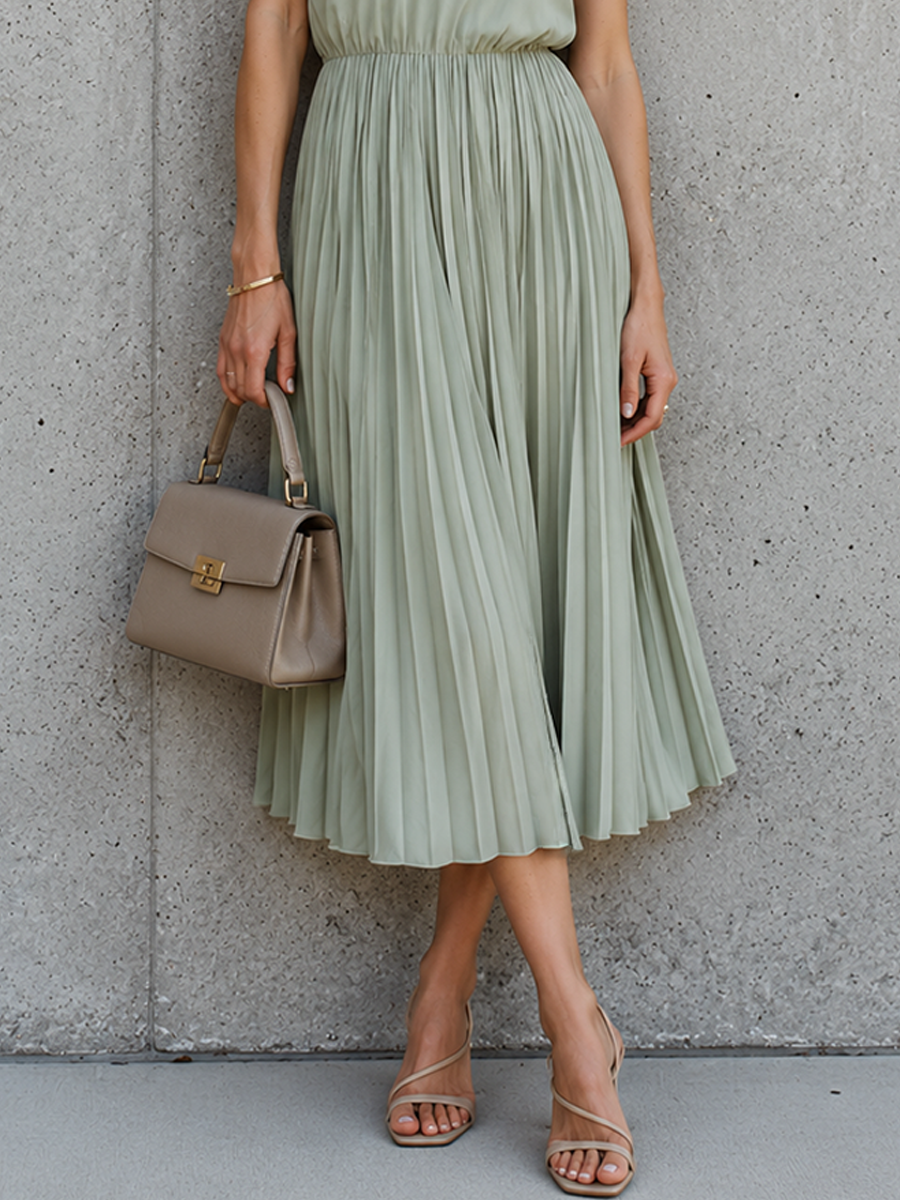 Women's Commuter Sage Green Cotton Blend Crew Neck Sleeveless Waist-Tailored Pleated Midi Dress MDZ2720E7GMJ