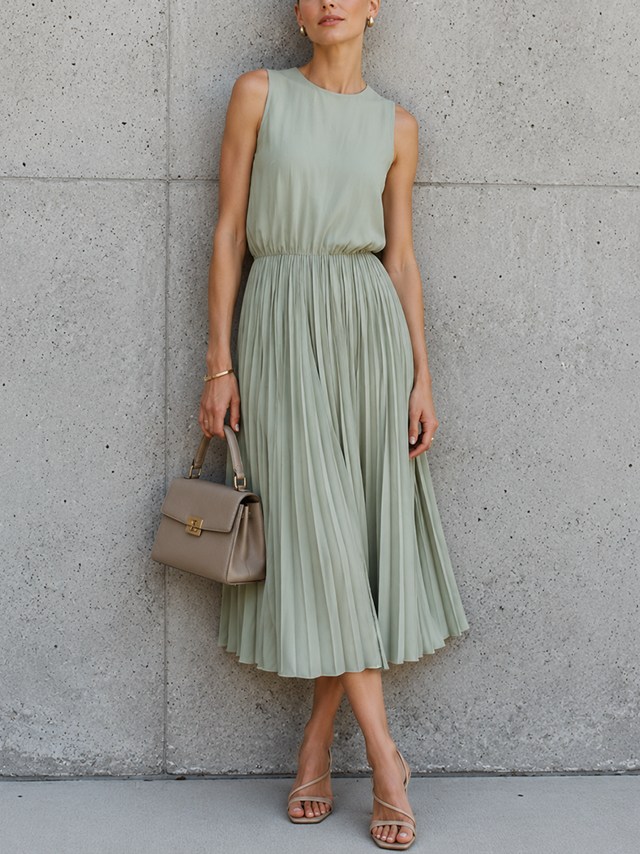 Women's Commuter Sage Green Cotton Blend Crew Neck Sleeveless Waist-Tailored Pleated Midi Dress MDZ2720E7GMJ