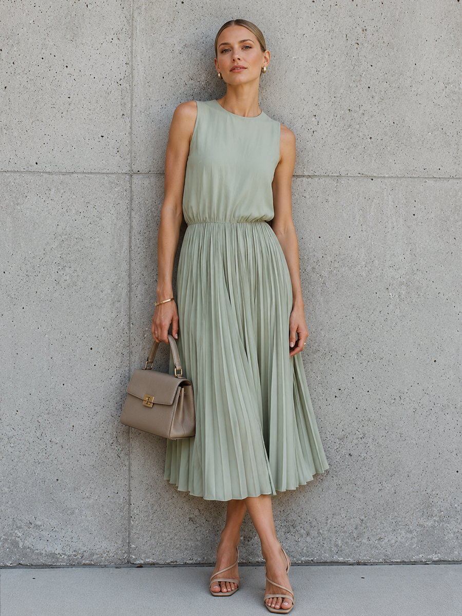 Women's Commuter Sage Green Cotton Blend Crew Neck Sleeveless Waist-Tailored Pleated Midi Dress MDZ2720E7GMJ