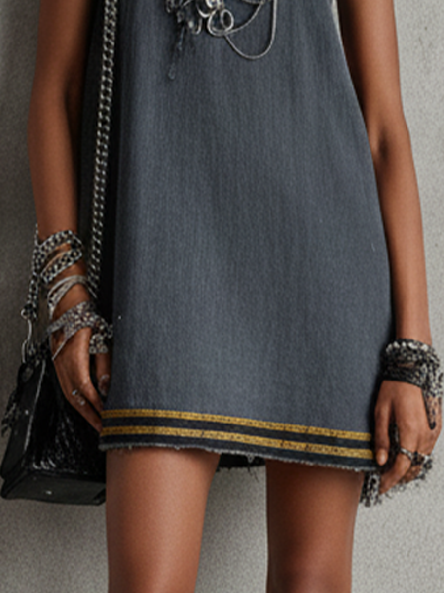 Women's Streetwear Dark Grey Cotton Blend Washed Sleeveless Color-Block Hem Mini Dress MDZ2770E5GMJ