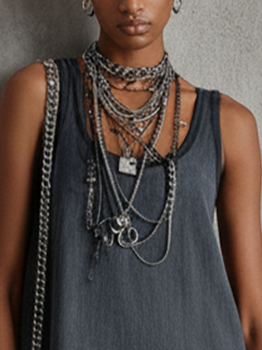Women's Streetwear Dark Grey Cotton Blend Washed Sleeveless Color-Block Hem Mini Dress MDZ2770E5GMJ