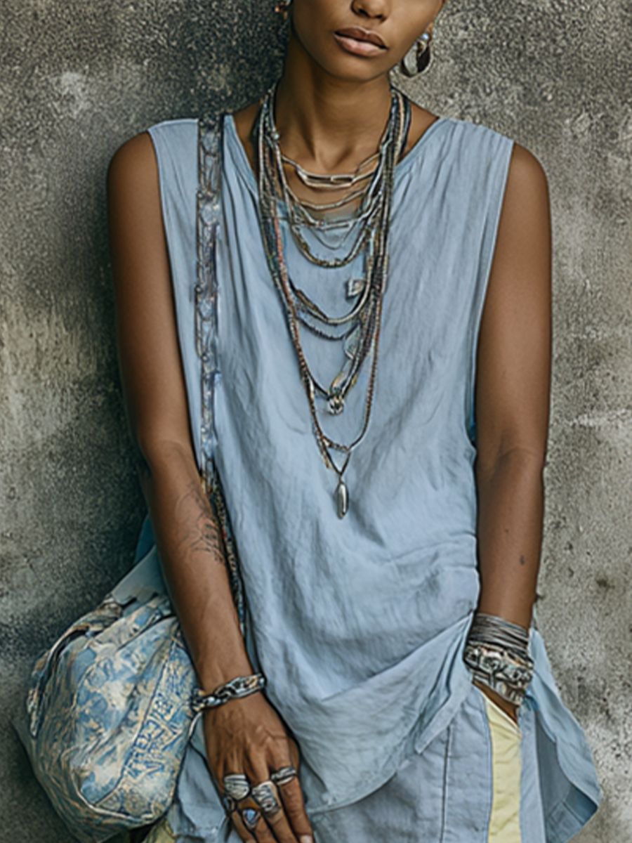 Women's Casual Light Blue Cotton Blend Crew Neck Sleeveless Top And Side Color-Block Cargo Cropped Wide-Leg Pants Set MDZ2701E6GMJ