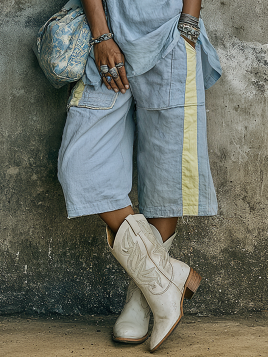 Women's Casual Light Blue Cotton Blend Crew Neck Sleeveless Top And Side Color-Block Cargo Cropped Wide-Leg Pants Set MDZ2701E6GMJ