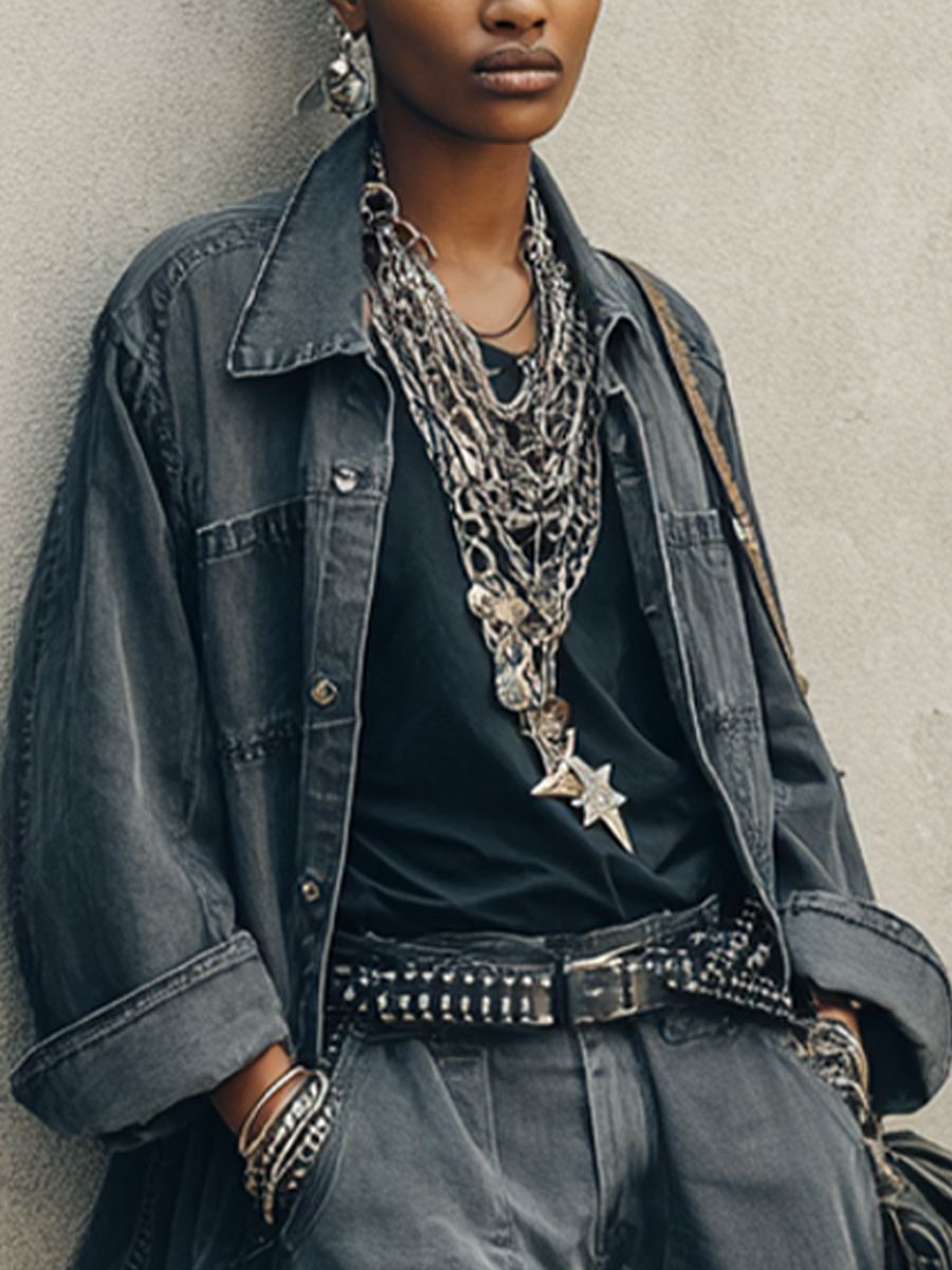 Women's Streetwear Dark Grey Washed Denim Collared Jacket And Matching Cargo Wide-Leg Denim Shorts Set MDZ2702E1GMJ