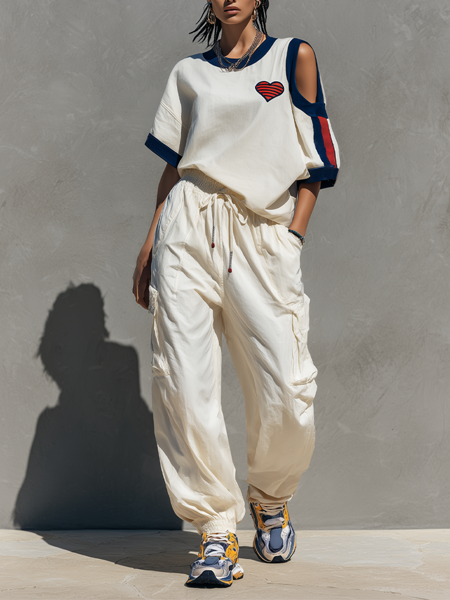 Women's Off-White Cotton-Blend Two-Piece Set With Cut-Out Sleeve Top & Cargo Joggers, Streetwear Casual Outfit MDZ2823E8LYL