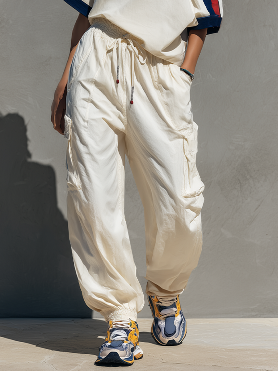 Women's Off-White Cotton-Blend Two-Piece Set With Cut-Out Sleeve Top & Cargo Joggers, Streetwear Casual Outfit MDZ2823E8LYL