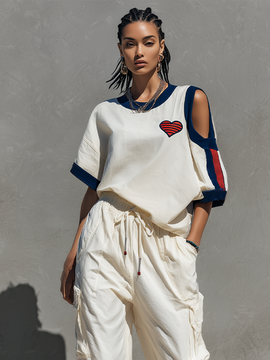 Women's Off-White Cotton-Blend Two-Piece Set With Cut-Out Sleeve Top & Cargo Joggers, Streetwear Casual Outfit MDZ2823E8LYL