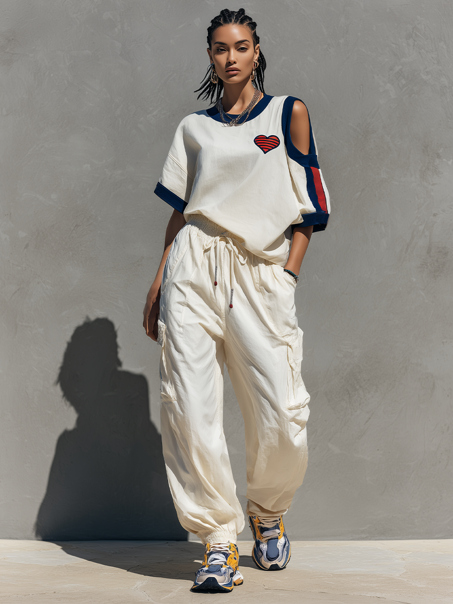 Women's Off-White Cotton-Blend Two-Piece Set With Cut-Out Sleeve Top & Cargo Joggers, Streetwear Casual Outfit MDZ2823E8LYL