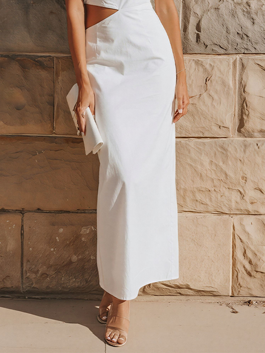 Women's White Cotton-Blend Midi Dress With One-Shoulder & Waist Cutout, Timeless Elegant Party Dress MDZ2843E0LYL