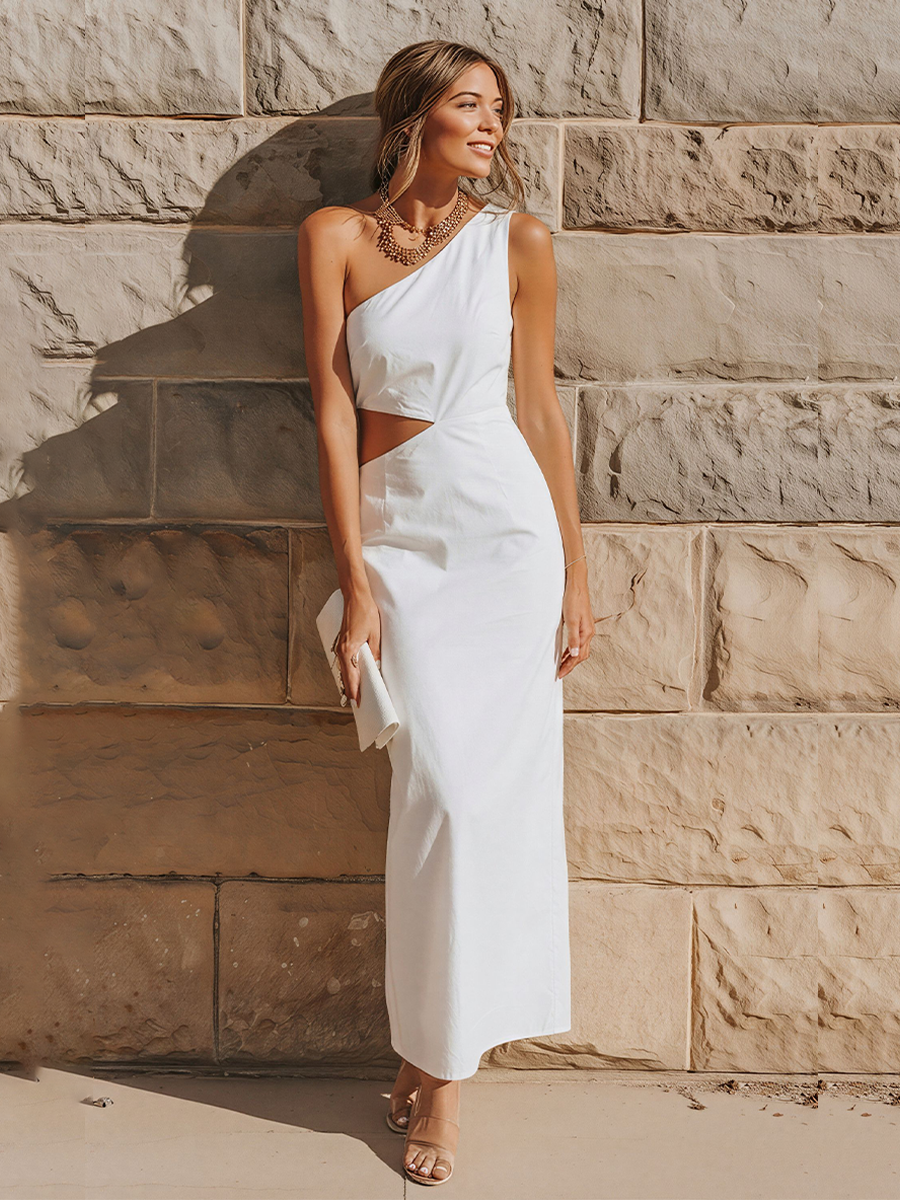 Women's White Cotton-Blend Midi Dress With One-Shoulder & Waist Cutout, Timeless Elegant Party Dress MDZ2843E0LYL