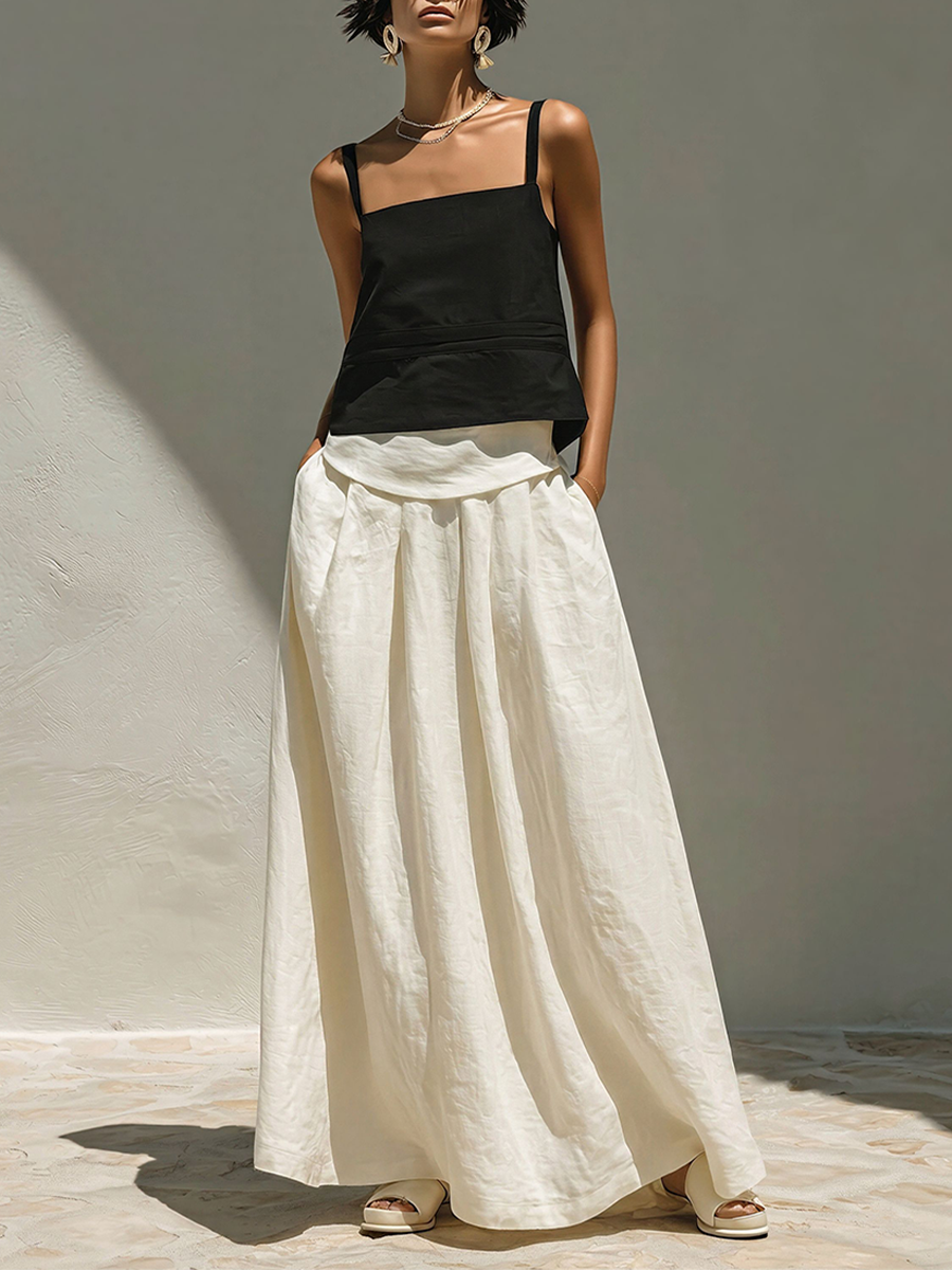 Women's Black & Ivory Linen Matching Set With Faux Two-Piece Tank Top & Voluminous Linen Skirt, Contemporary Versatile Resort Outfit MDZ2812E2LYL