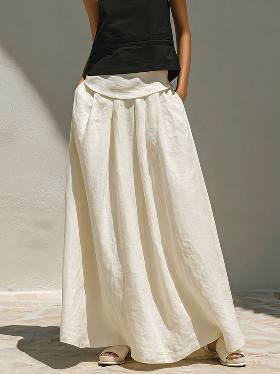 Women's Black & Ivory Linen Matching Set With Faux Two-Piece Tank Top & Voluminous Linen Skirt, Contemporary Versatile Resort Outfit MDZ2812E2LYL