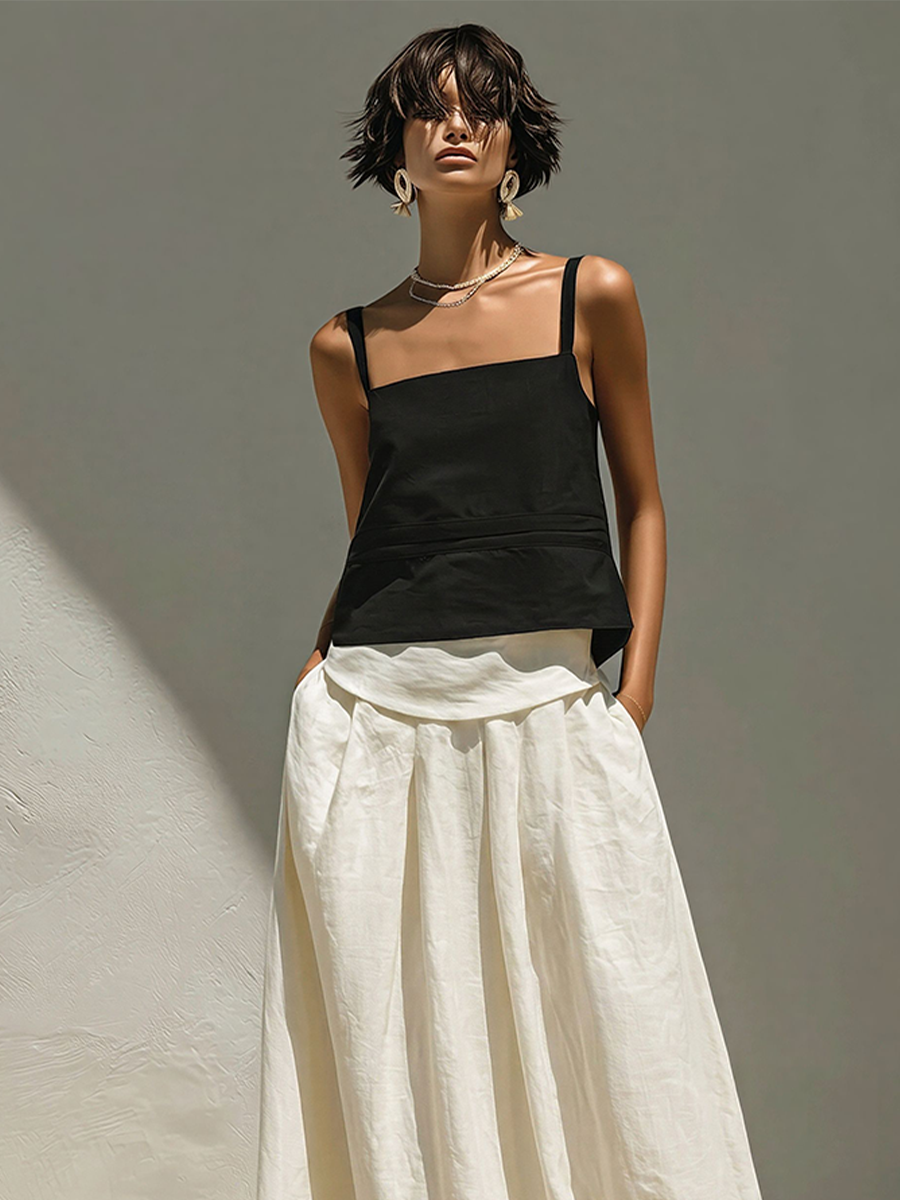 Women's Black & Ivory Linen Matching Set With Faux Two-Piece Tank Top & Voluminous Linen Skirt, Contemporary Versatile Resort Outfit MDZ2812E2LYL