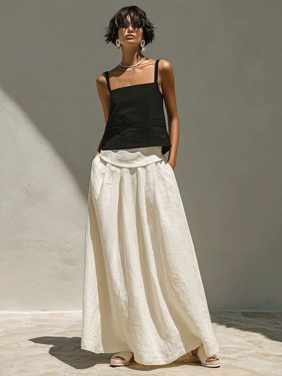 Women's Black & Ivory Linen Matching Set With Faux Two-Piece Tank Top & Voluminous Linen Skirt, Contemporary Versatile Resort Outfit MDZ2812E2LYL
