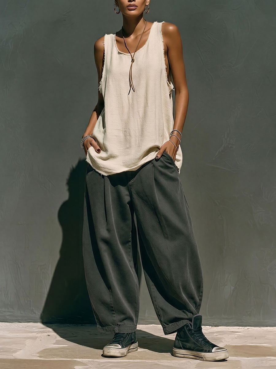 Women's Neutral Tone Co-Ord With Oversized Frayed Tank & High-Waisted Wide Leg Pants, Modern Effortless-Chic Everyday Outfit MDZ2851E0LYL