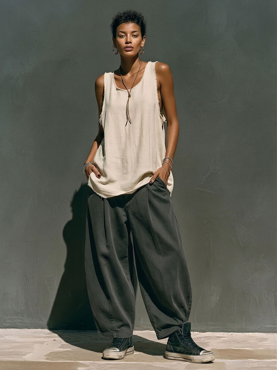 Women's Neutral Tone Co-Ord With Oversized Frayed Tank & High-Waisted Wide Leg Pants, Modern Effortless-Chic Everyday Outfit MDZ2851E0LYL