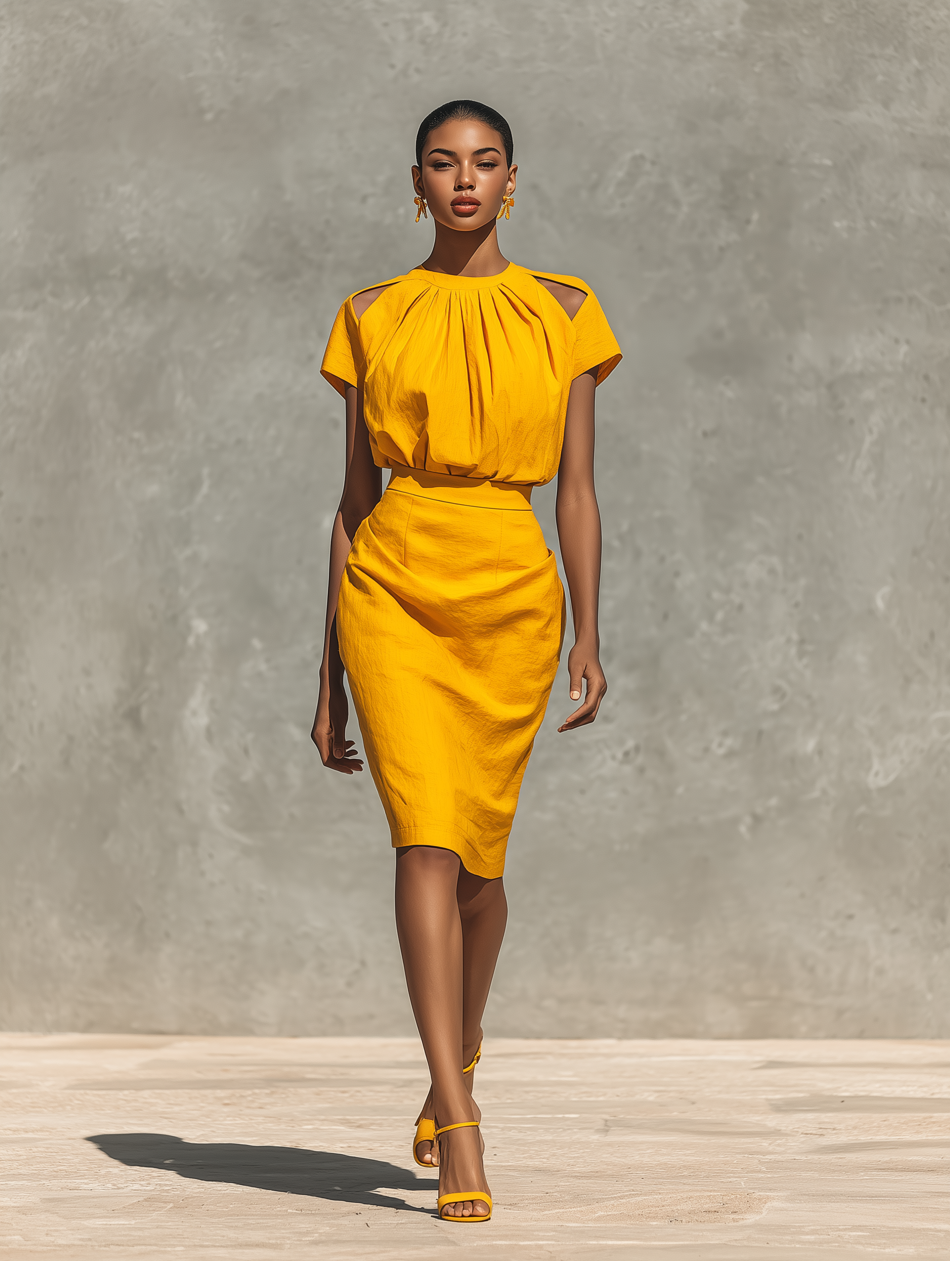 Women's Yellow Cotton-Linen Off-Shoulder Top With Pleated Collar And Pencil Skirt Set MDZ2800E7T